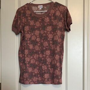 LulaRoe Rose Patterned Short Sleeve Tee - Pink and Green